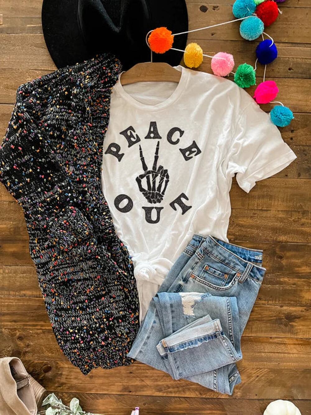 White Peace Out Graphic Tee by Blakeley - Skeletal Hand, Halloween